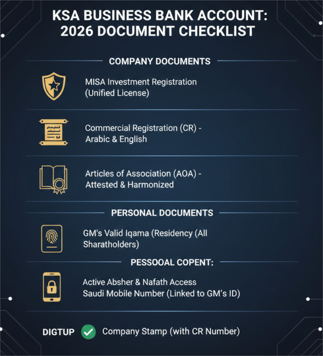 Document checklist for opening a KSA business bank account 2026