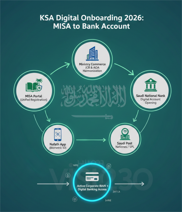 Infographic showing the digital connection between MISA, Ministry of Commerce, Nafath, and Saudi Banks for business account opening.