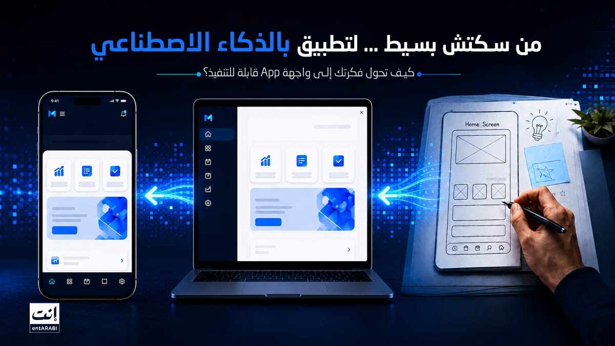 صورة توضيحية تشرح تحويل اسكتش بسيط لفكرة تطبيق إلى واجهة تطبيق رقمية باستخدام الذكاء الاصطناعي، مع عرض تصميم أولي على ورقة، وواجهة تطبيق على لابتوب وهاتف، بما يعبر عن إنشاء تطبيق بدون برمجة. **نسخة أقصر:** تحويل فكرة تطبيق من اسكتش بسيط إلى واجهة رقمية باستخدام الذكاء الاصطناعي ضمن تجربة إنشاء تطبيق بدون برمجة.